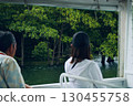 Back view of a tourist looking at the mangrove forest from a boat 130455758