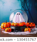 Halloween ghost inside a magical snow globe surrounded by glowing pumpkins and mist. 130455767