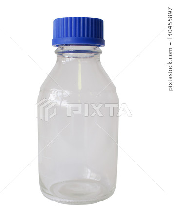 Clear glass laboratory bottle with blue plastic screw cap, used for storing chemicals and solutions. 130455897