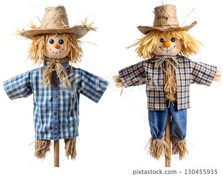 Traditional straw scarecrow with patched clothes and hat, standing isolated on transparent background, farm field guardian 130455935