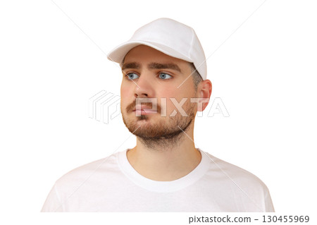 Blue-eyed person in a white cap, on white background Blue-eyed person in a white cap, on white background 130455969