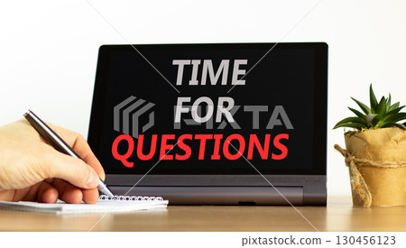 Time for questions symbol. Concept words Time for questions on beautiful black tablet. Beautiful white background. Businessman hand. Business time for questions concept. Copy space. 130456123