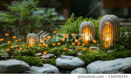 Fairy Garden with Stone Houses and Orange Flowers Fairy Garden with Stone Houses and Orange Flowers 130456345
