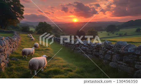 Sheep Grazing by Stone Wall at Colorful Sunset 130456350