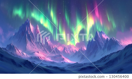 Aurora Borealis Over Snowy Mountain Landscape 130456400