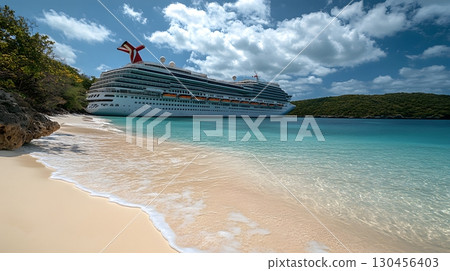 Cruise ship anchored near a beautiful tropical beach 130456403