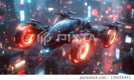 Futuristic Flying Vehicle in Cyberpunk Cityscape 130456441