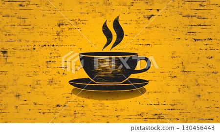 Stylish Black Coffee Cup Icon on Grunge Yellow Background 130456443