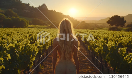 Woman in vineyard at sunset 130456445