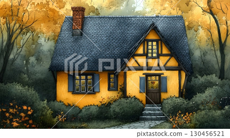 Cozy Yellow Cottagecore House in Autumn Forest Illustration Cozy Yellow Cottagecore House in Autumn Forest Illustration 130456521