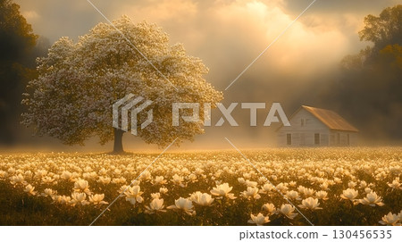 Golden Field of White Flowers with Distant House 130456535