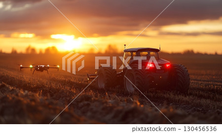 Autonomous Tractor and Drone Working at Sunset 130456536