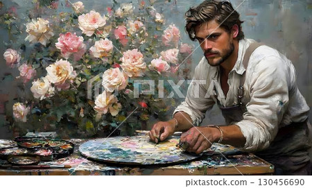 Handsome Artist Painting Flowers in His Studio 130456690