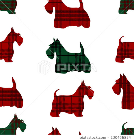Seamless pattern of Scottish terrier on plaid background. Vector illustration. Robert burns night print 130456854