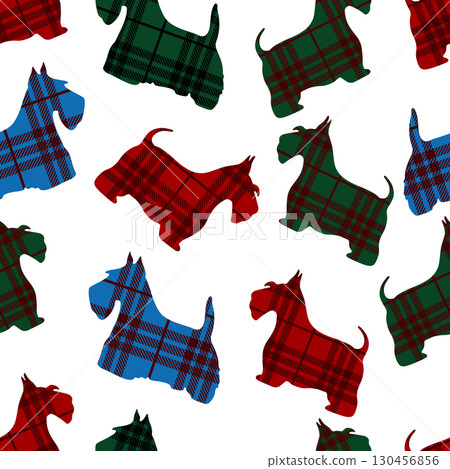 Seamless pattern of Scottish terrier on plaid background. Vector illustration. Robert burns night 130456856