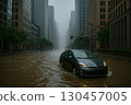 Cars driving on a rainy night road 130457005