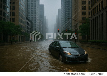 Cars driving on a rainy night road 130457005