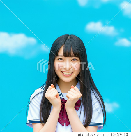 fist pump, girl, junior high school student 130457060