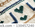 Knitted beige blue green sweater with spike-shaped pattern and line 130457240