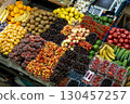 Top view of fresh raw vegetables and fruits on a market. 130457257