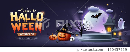 Happy Halloween podium, Night castle, pumpkin, ghosts and bat flying, banner design Happy Halloween podium, Night castle, pumpkin, ghosts and bat flying, banner design 130457339