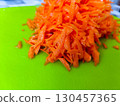 Closeup of shredded carrot pile on green cutting board ready for use in recipe preparation 130457365