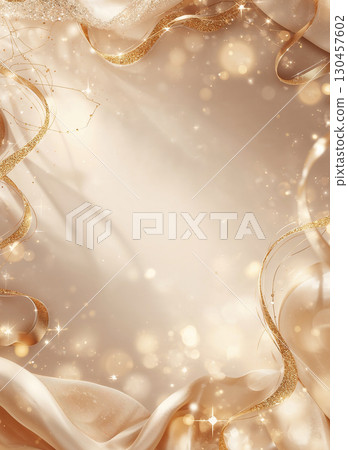 Abstract luxury background with a frame of glittering gold ribbons and elegant silk drapery. Festive bokeh lights for a celebration or wedding. 130457602
