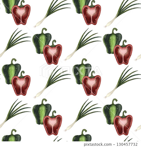 Watercolor bell pepper and green onion seamless pattern. Red and green peppers and onion on white background. Watercolor bell pepper and green onion seamless pattern. Red and green peppers and onion on white background. 130457732