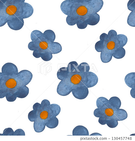 Watercolor blue flower seamless pattern. Stylized blue flowers with yellow centers on white background. Watercolor blue flower seamless pattern. Stylized blue flowers with yellow centers on white background. 130457748