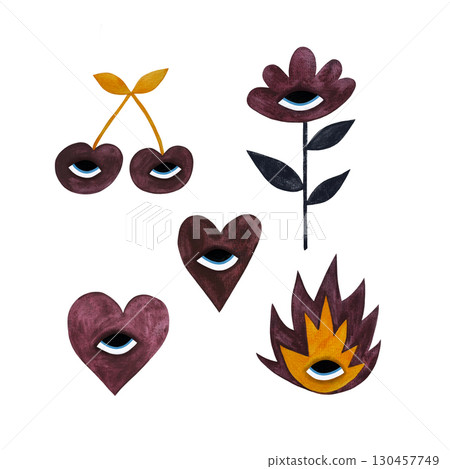 A watercolor set of stylized burgundy-toned elements with eyes, including a pair of cherries, a flower, hearts, and a flame, on a white background. This rich and whimsical collection adds a playful A watercolor set of stylized burgundy-toned elements with eyes, including a pair of cherries, a flower, hearts, and a flame, on a white background. This rich and whimsical collection adds a playful 130457749