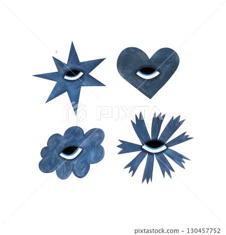 A watercolor set of muted blue stylized elements with eyes, featuring a star, heart, cloud, and a flower with cornflower-like petals, on a white background. This soft and whimsical collection is 130457752