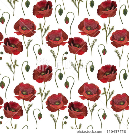 Watercolor red poppy seamless pattern. Poppy flowers and buds on white background. Watercolor red poppy seamless pattern. Poppy flowers and buds on white background. 130457758