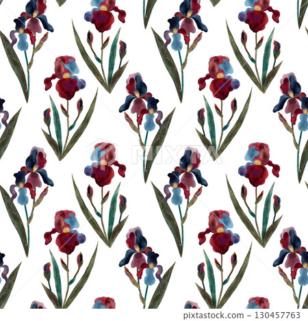 Watercolor burgundy and blue iris seamless pattern. Stylized iris flowers on white background. 130457763