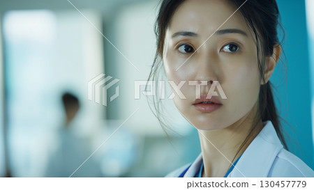 Female Japanese doctor gazing into the distance Female Japanese doctor gazing into the distance 130457779