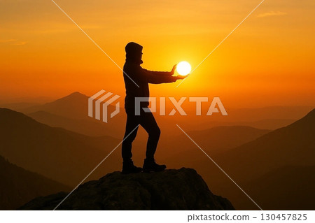 Holding the Sun Silhouette on Mountain Peak at Sunset 130457825