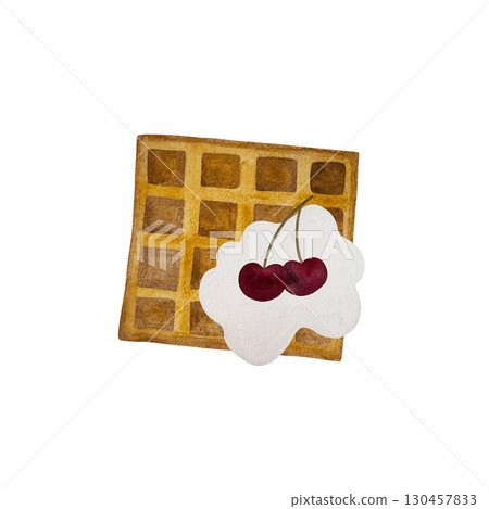 Watercolor waffle with cream and cherry. Vienna waffle isolated on white background. 130457833