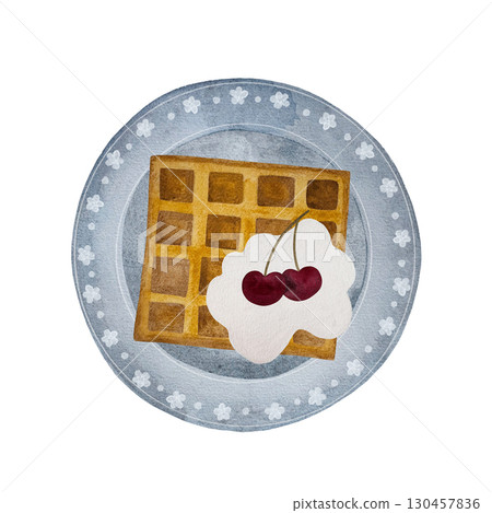 Watercolor waffle with cream and cherry on blue plate. Vienna waffle isolated on white background. 130457836