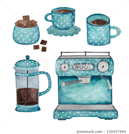 Watercolor turquoise coffee set. Collection of turquoise coffee related items isolated on white. Includes machine, cups and pots. Watercolor turquoise coffee set. Collection of turquoise coffee related items isolated on white. Includes machine, cups and pots. 130457844
