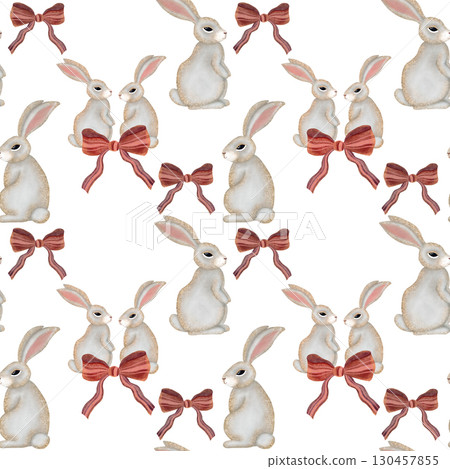 Watercolor bunny seamless pattern. Gray bunnies with pink bows on white background. Watercolor bunny seamless pattern. Gray bunnies with pink bows on white background. 130457855