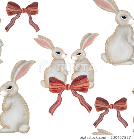 Watercolor bunny seamless pattern. Gray bunnies with pink bows on white background. 130457857