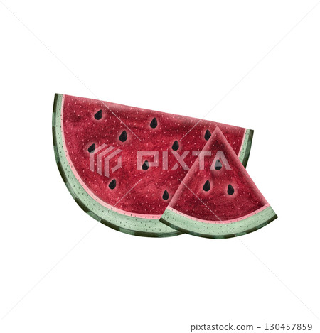 Watercolor watermelon slices. Two differently shaped slices isolated on white background. 130457859