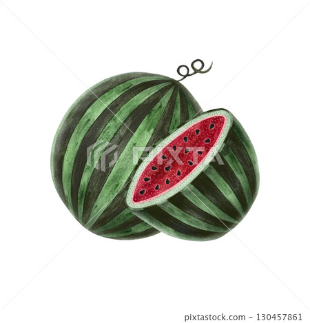 Watercolor watermelon illustration. Whole watermelon and half slice on white background. 130457861