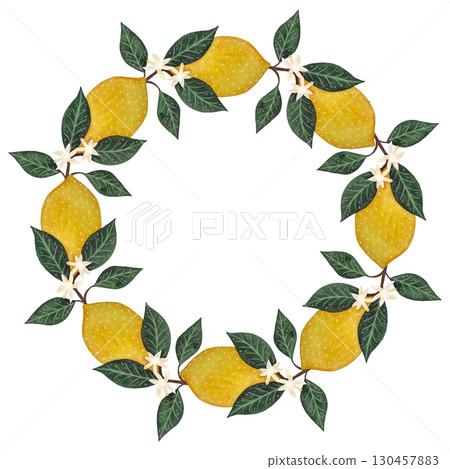 Watercolor lemon branch frame. Round frame with lemons, leaves on white background. 130457883