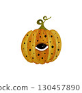 Watercolor orange pumpkin with eye and dots. Spooky yet cute pumpkin isolated on white. 130457890