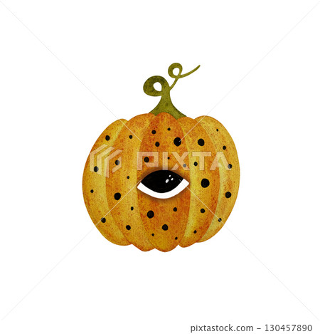 Watercolor orange pumpkin with eye and dots. Spooky yet cute pumpkin isolated on white. 130457890