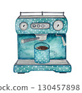 Watercolor turquoise coffee machine. Espresso maker with a cup of coffee, isolated on white. 130457898