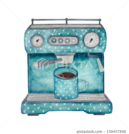 Watercolor turquoise coffee machine. Espresso maker with a cup of coffee, isolated on white. Watercolor turquoise coffee machine. Espresso maker with a cup of coffee, isolated on white. 130457898