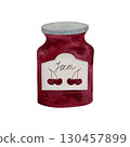 Watercolor cherry jam jar. Glass jar filled with homemade cherry jam on white background. 130457899