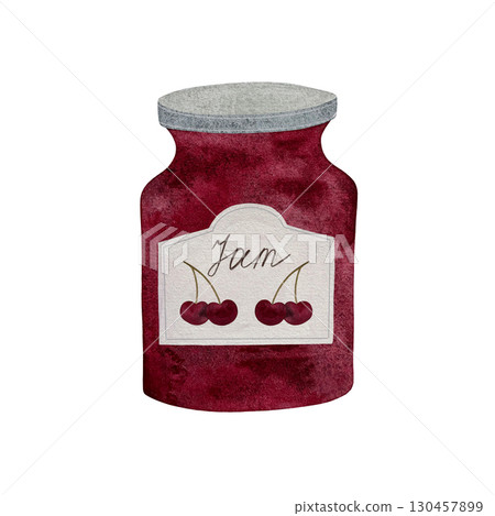 Watercolor cherry jam jar. Glass jar filled with homemade cherry jam on white background. 130457899