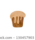 A watercolor illustration of a tempting cupcake with a beautifully flowing peach-colored cream topping on a white background. The moist cake and delicate frosting create an appealing dessert image 130457903